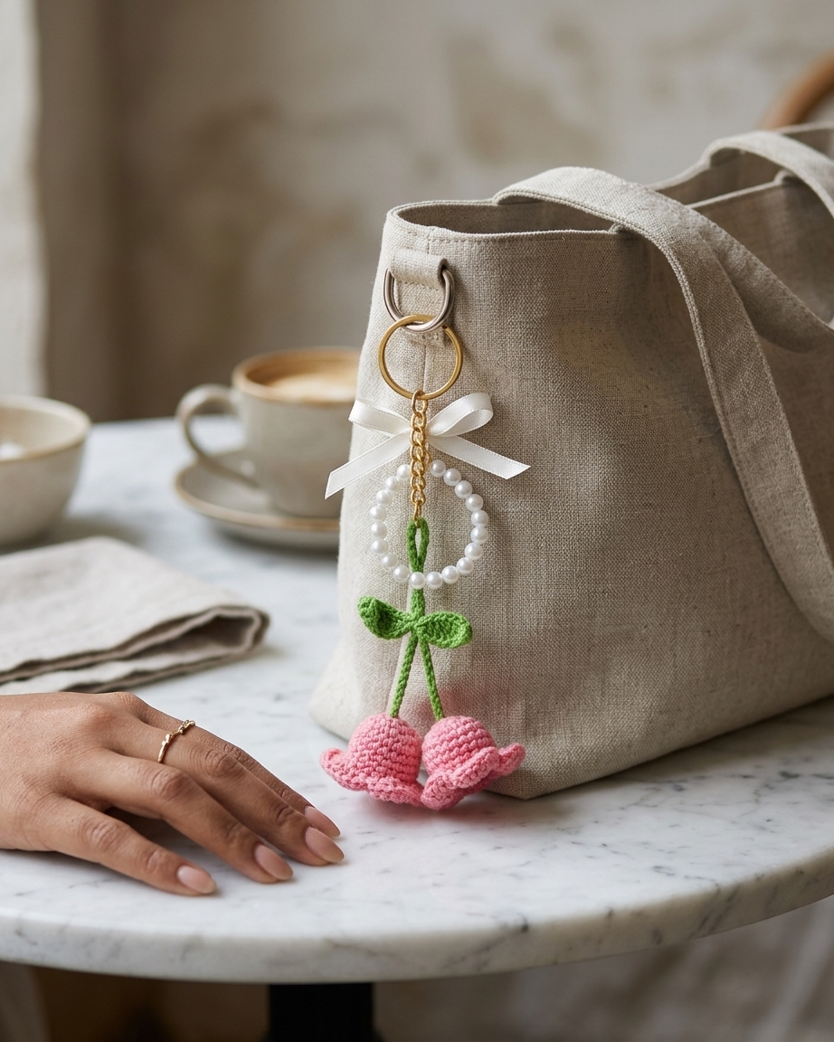 The Crochet Tulip Keychain — Handmade Pearl & Bow Keyring 🌸