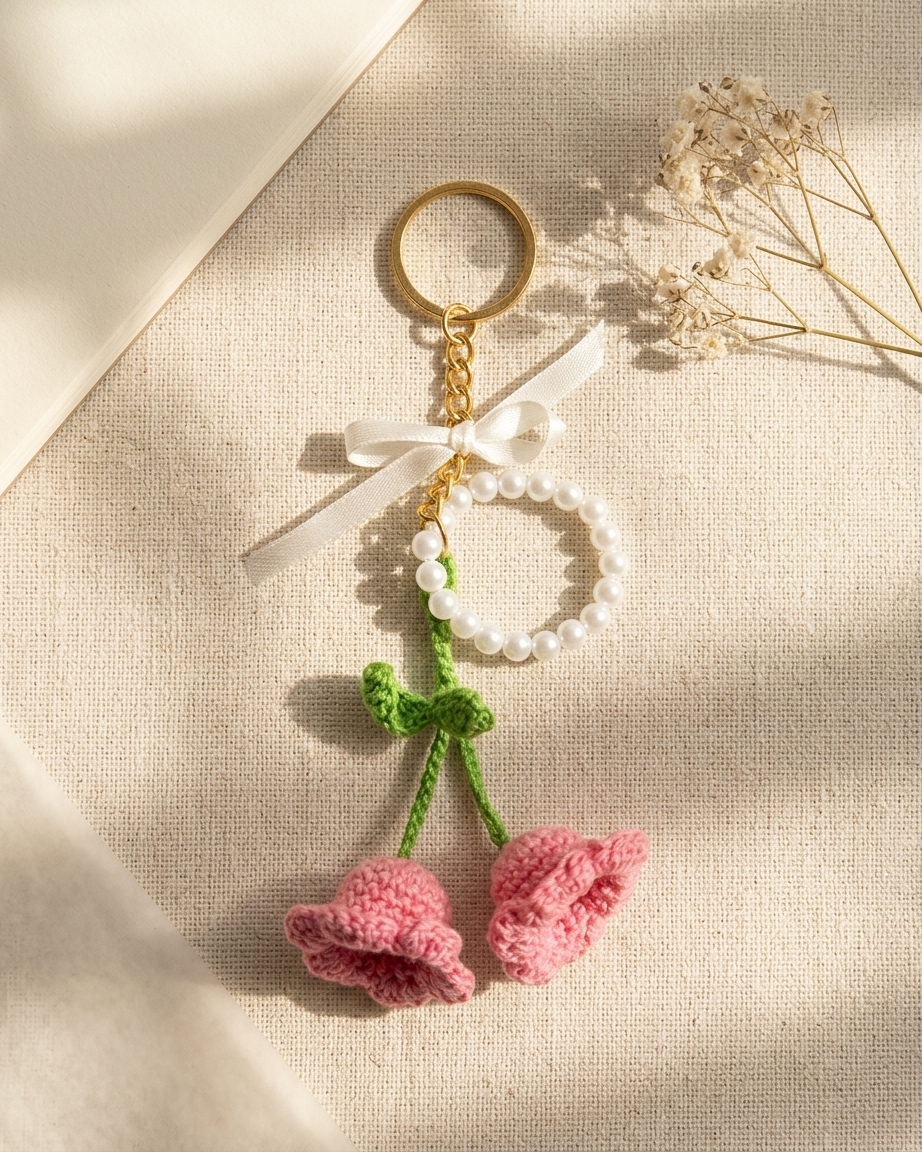 The Crochet Tulip Keychain — Handmade Pearl & Bow Keyring 🌸