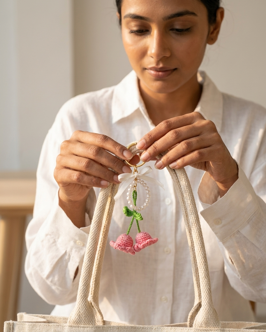 The Crochet Tulip Keychain — Handmade Pearl & Bow Keyring 🌸