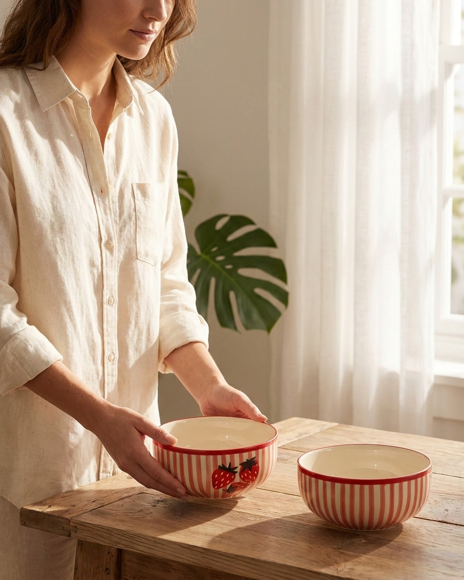 The Strawberry Bowl Set — 2 Ceramic Stripe Beauties 🍓