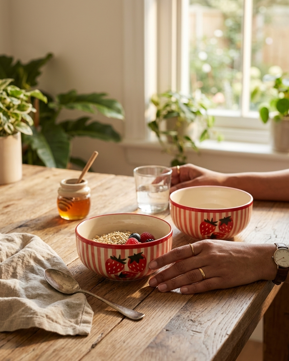 The Strawberry Bowl Set — 2 Ceramic Stripe Beauties 🍓