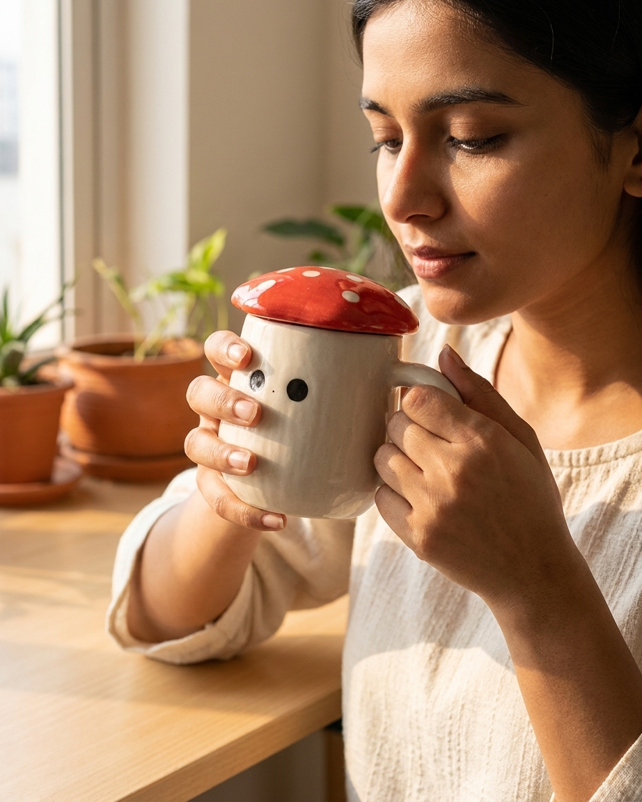 The Mushroom Mug — Ceramic Face Cup with Lid 🍄