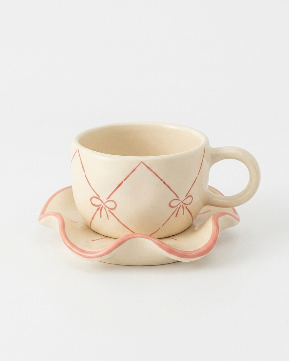 The Bow Cup & Ruffle Saucer — Ceramic Tea Set 🎀