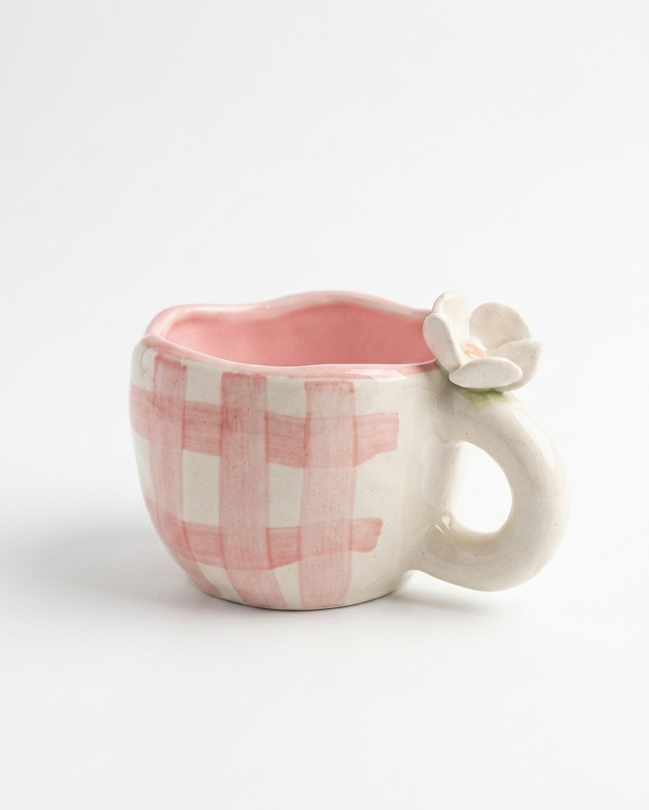 The Gingham Mug — Pink Daisy Ceramic Cup 🌸