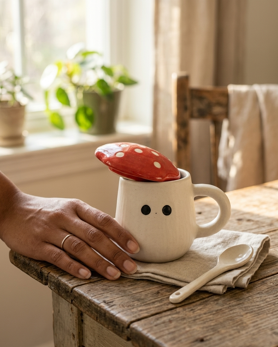 The Mushroom Mug — Ceramic Face Cup with Lid 🍄