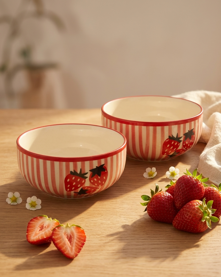 The Strawberry Bowl Set — 2 Ceramic Stripe Beauties 🍓