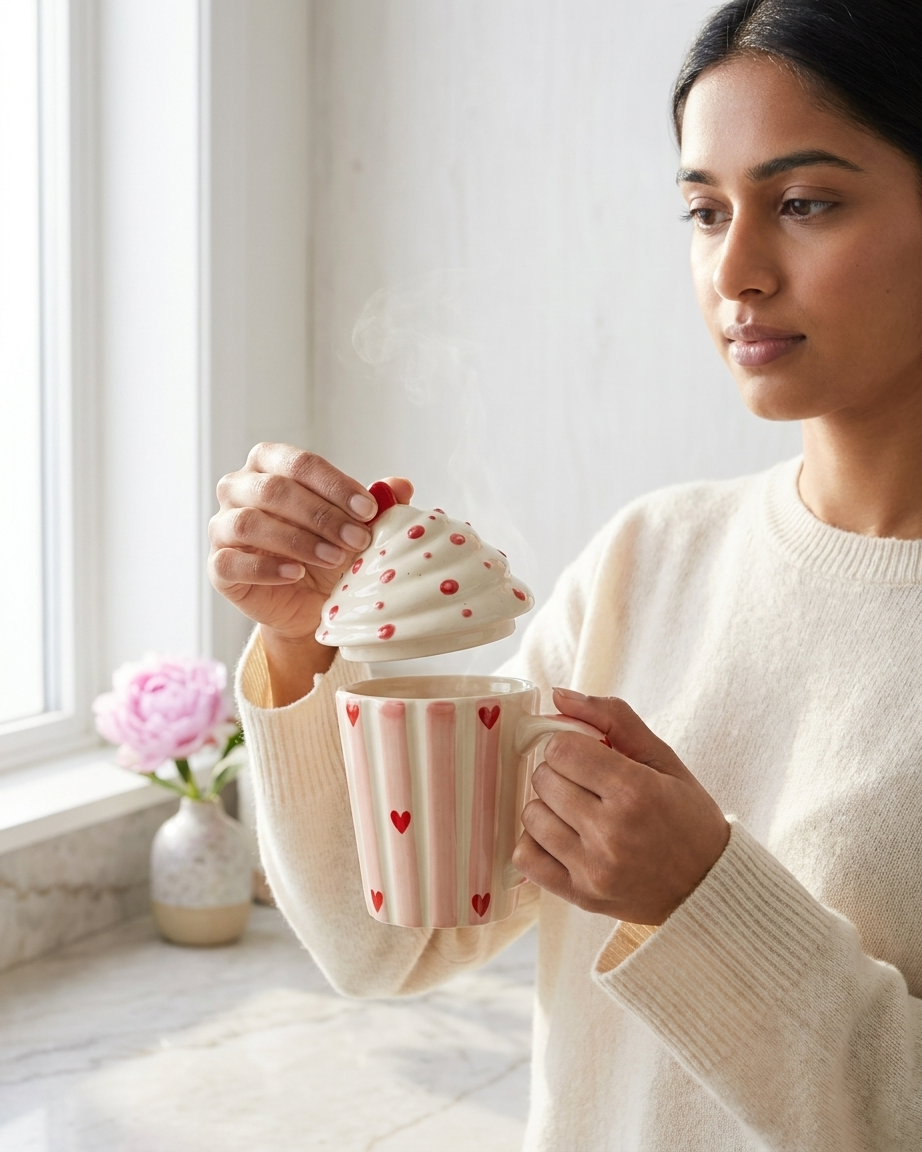 The Cupcake Mug — Ceramic Heart Mug with Whip Lid 🧁