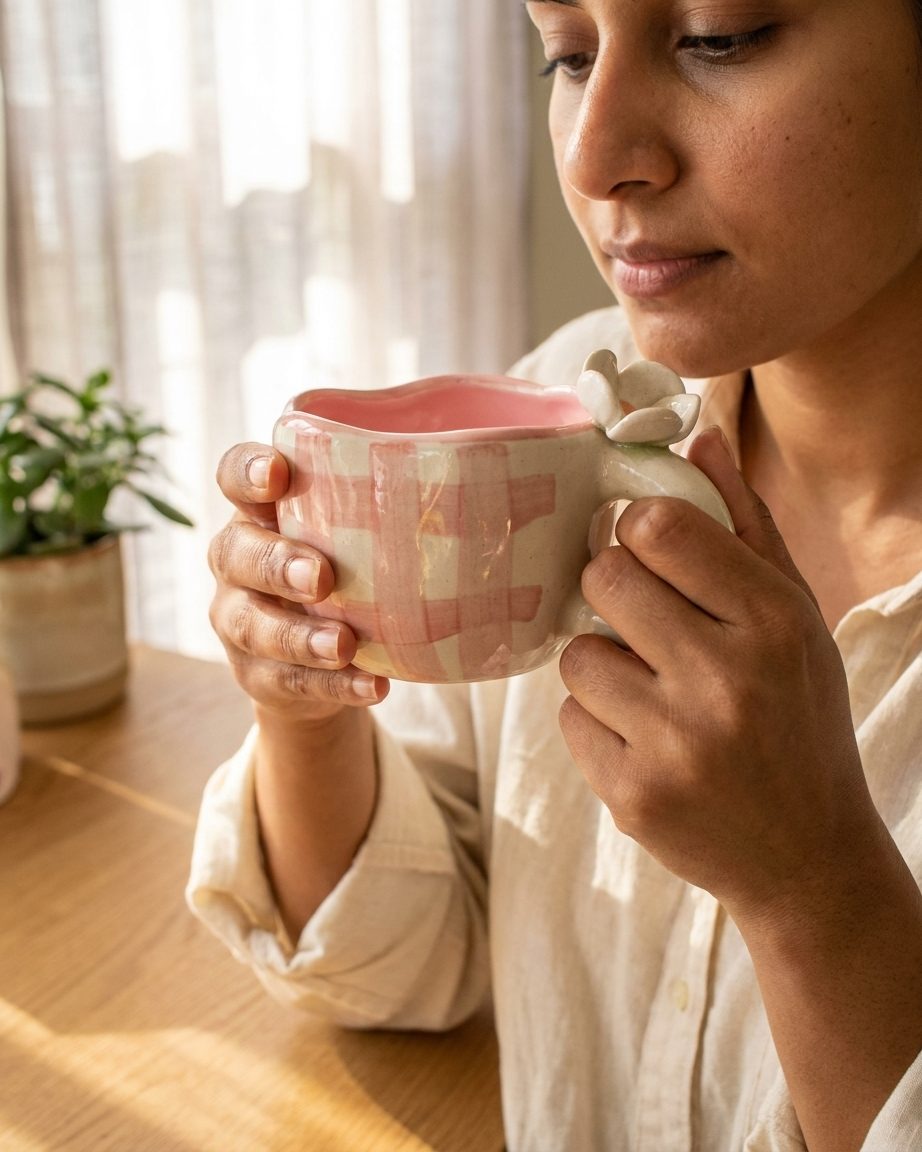 The Gingham Mug — Pink Daisy Ceramic Cup 🌸