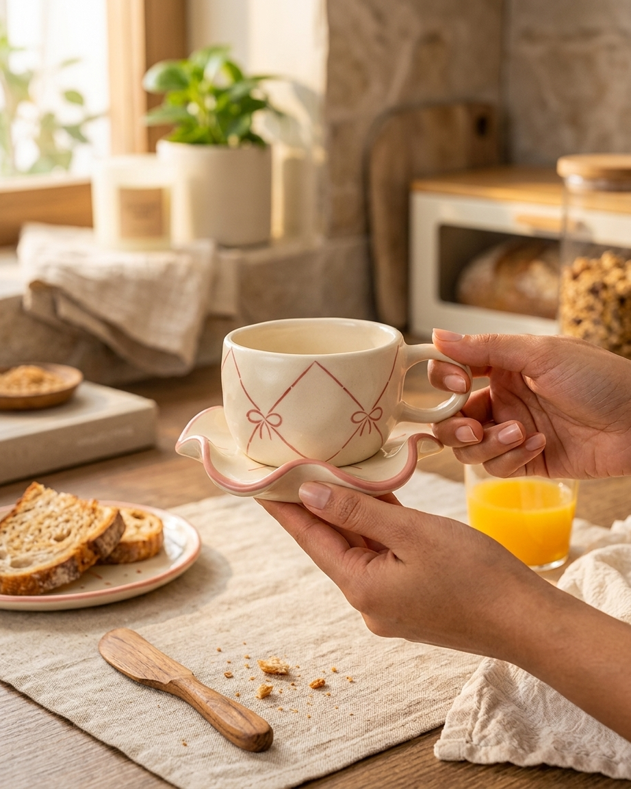The Bow Cup & Ruffle Saucer — Ceramic Tea Set 🎀