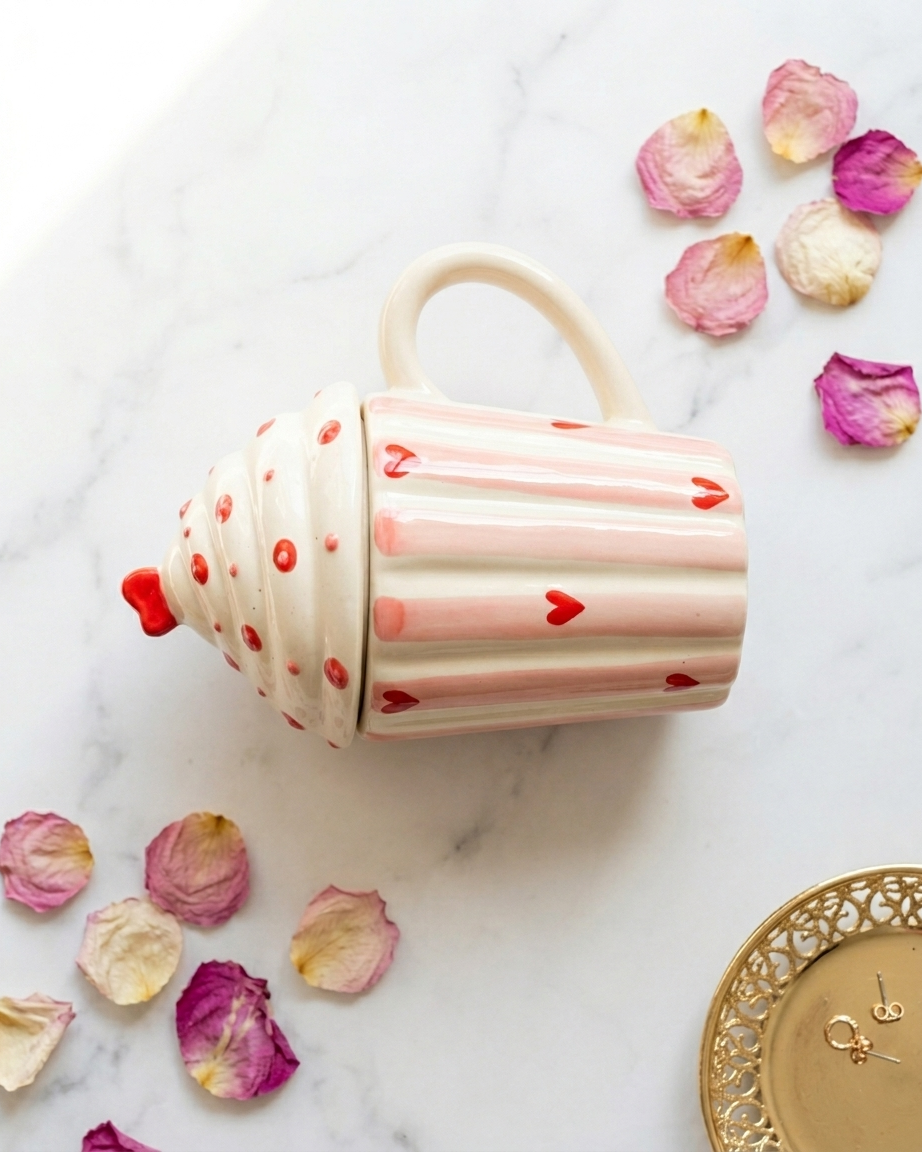 The Cupcake Mug — Ceramic Heart Mug with Whip Lid 🧁