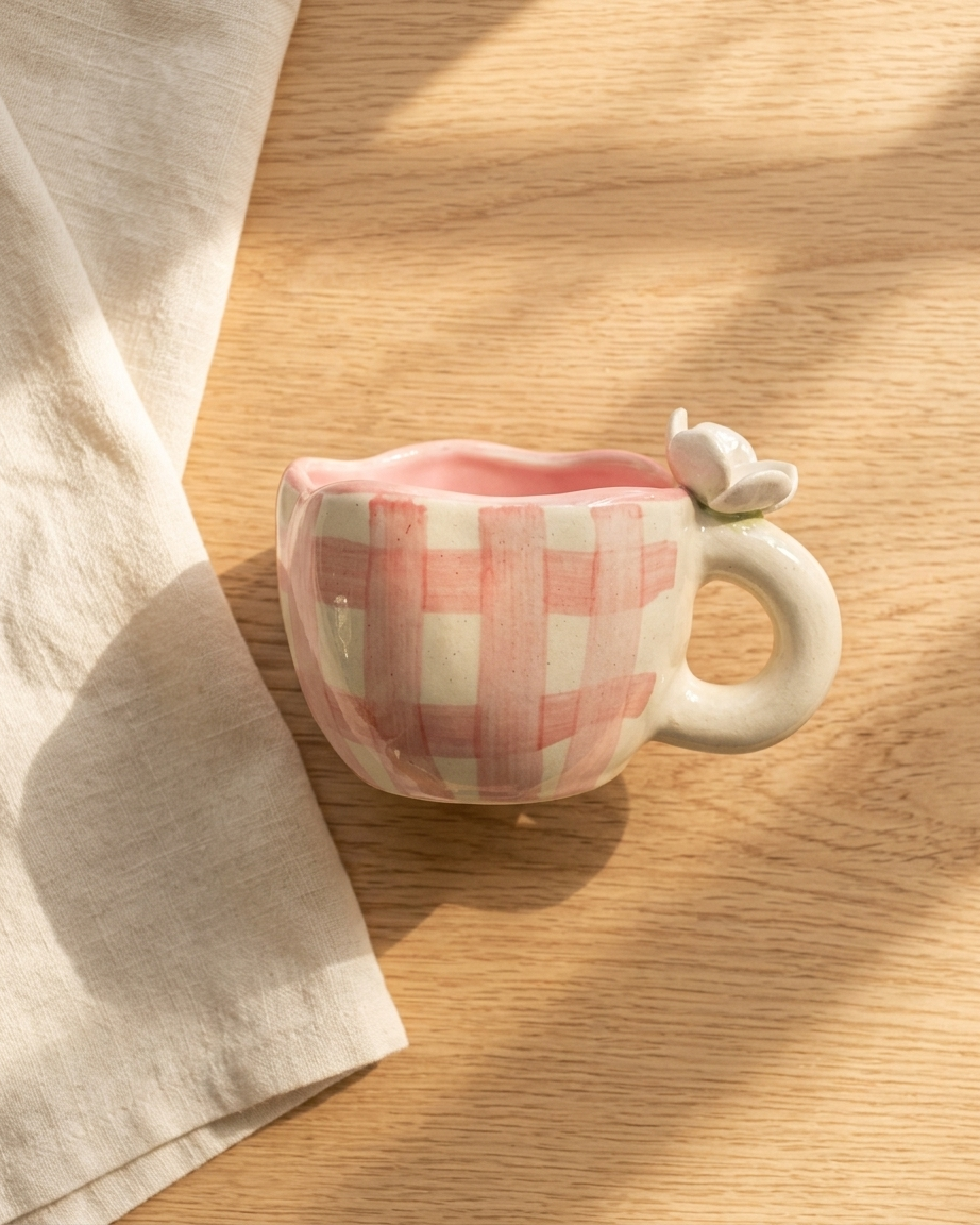 The Gingham Mug — Pink Daisy Ceramic Cup 🌸