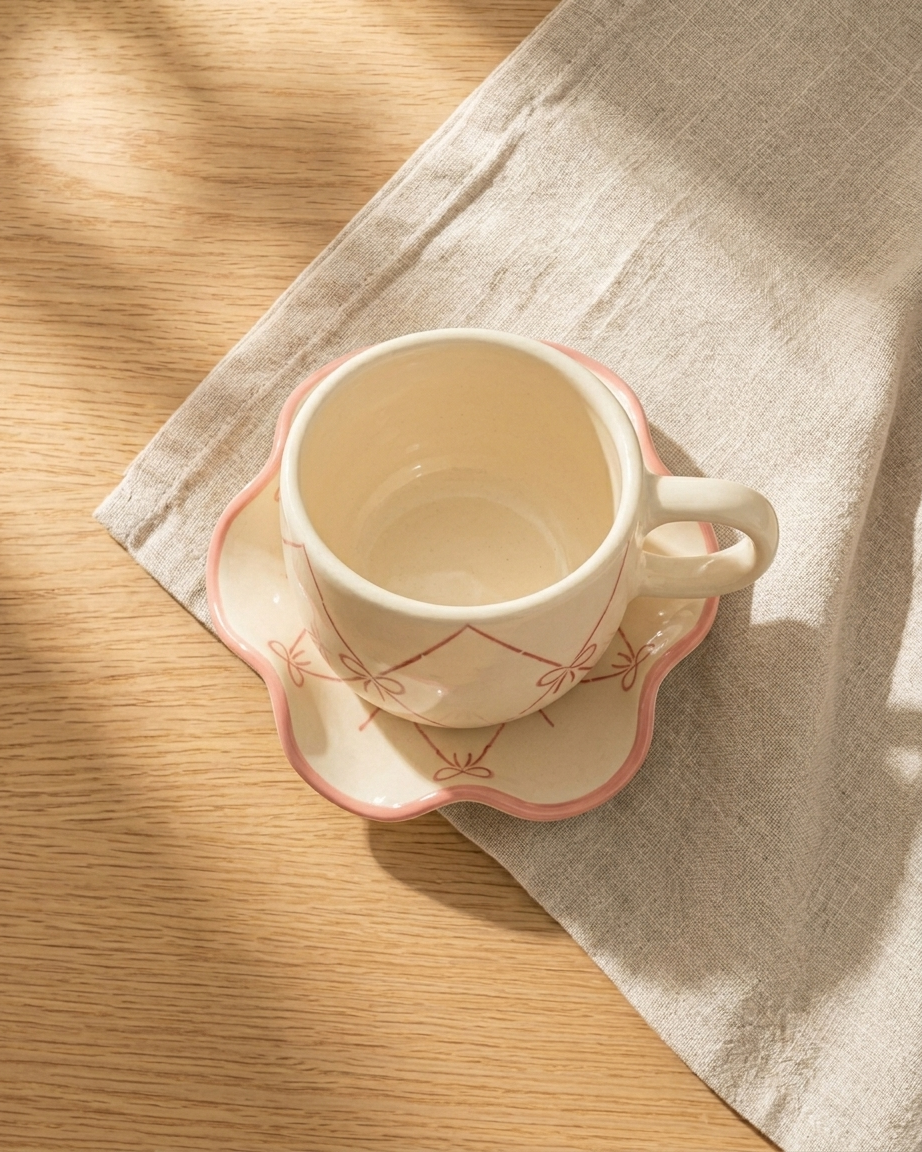 The Bow Cup & Ruffle Saucer — Ceramic Tea Set 🎀
